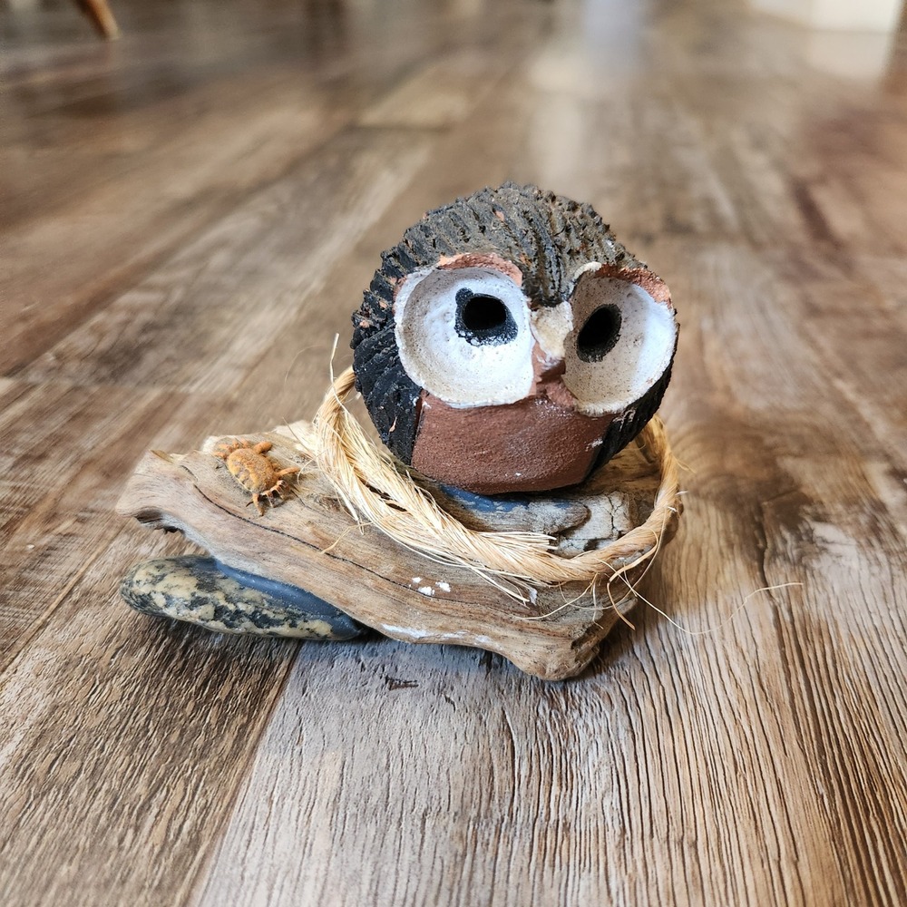 Handmade Mixed Media Owl Figurine Driftwood Stone Pottery Art Sculpture Nautical